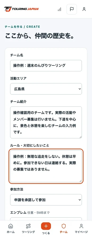 チーム作成画面のチーム名・活動エリア・紹介文の入力例（隔離Local環境）。